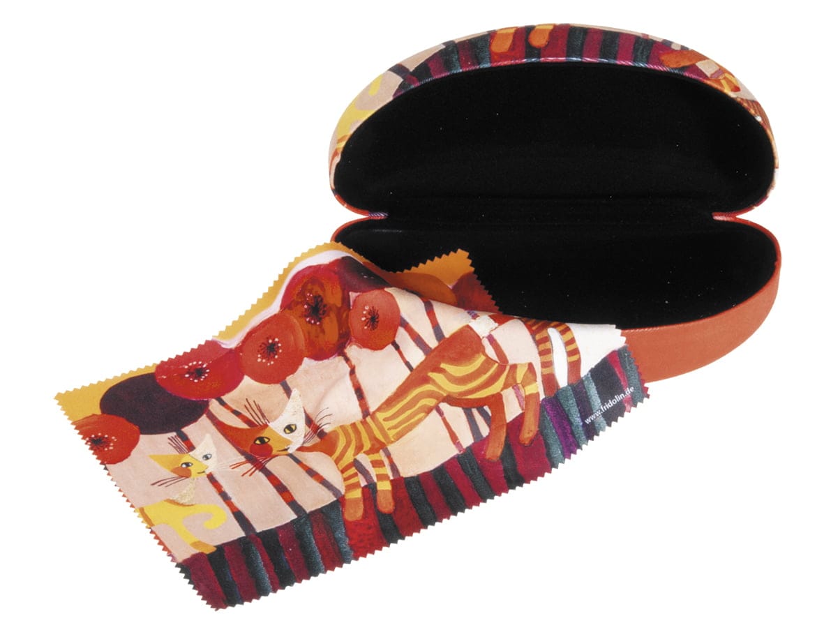 Fabric coated eyeglass hardcase with cleaning cloth “Cats, Red Flowers